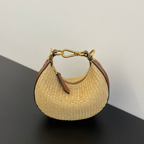 FENDI FENDIGRAPHY MINI 16 IN BEIGE STRAW AND BROWN CALFSKIN TRIM GOLD HARDWARE