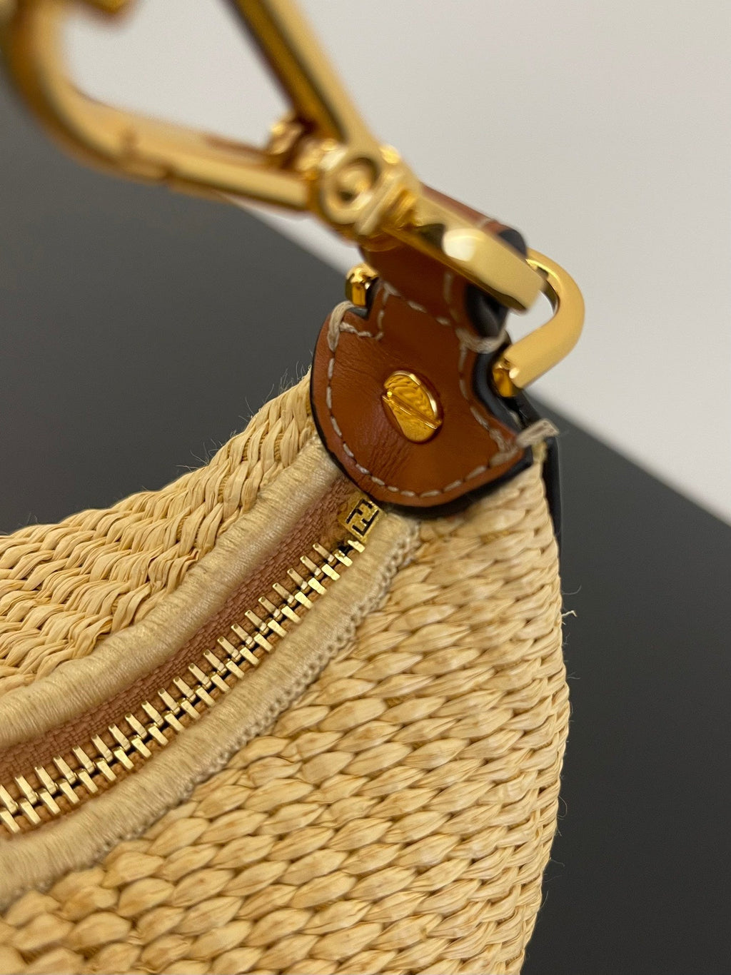 FENDI FENDIGRAPHY MINI 16 IN BEIGE STRAW AND BROWN CALFSKIN TRIM GOLD HARDWARE