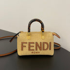 FENDI BY THE WAY MINI 18 IN BEIGE STRAW AND BROWN CALFSKIN TRIM