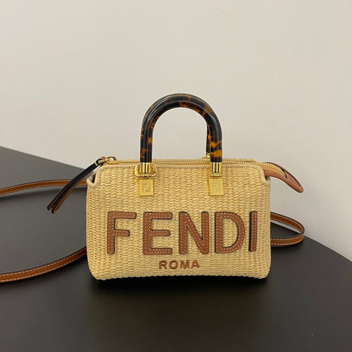 FENDI BY THE WAY MINI 18 IN BEIGE STRAW AND BROWN CALFSKIN TRIM