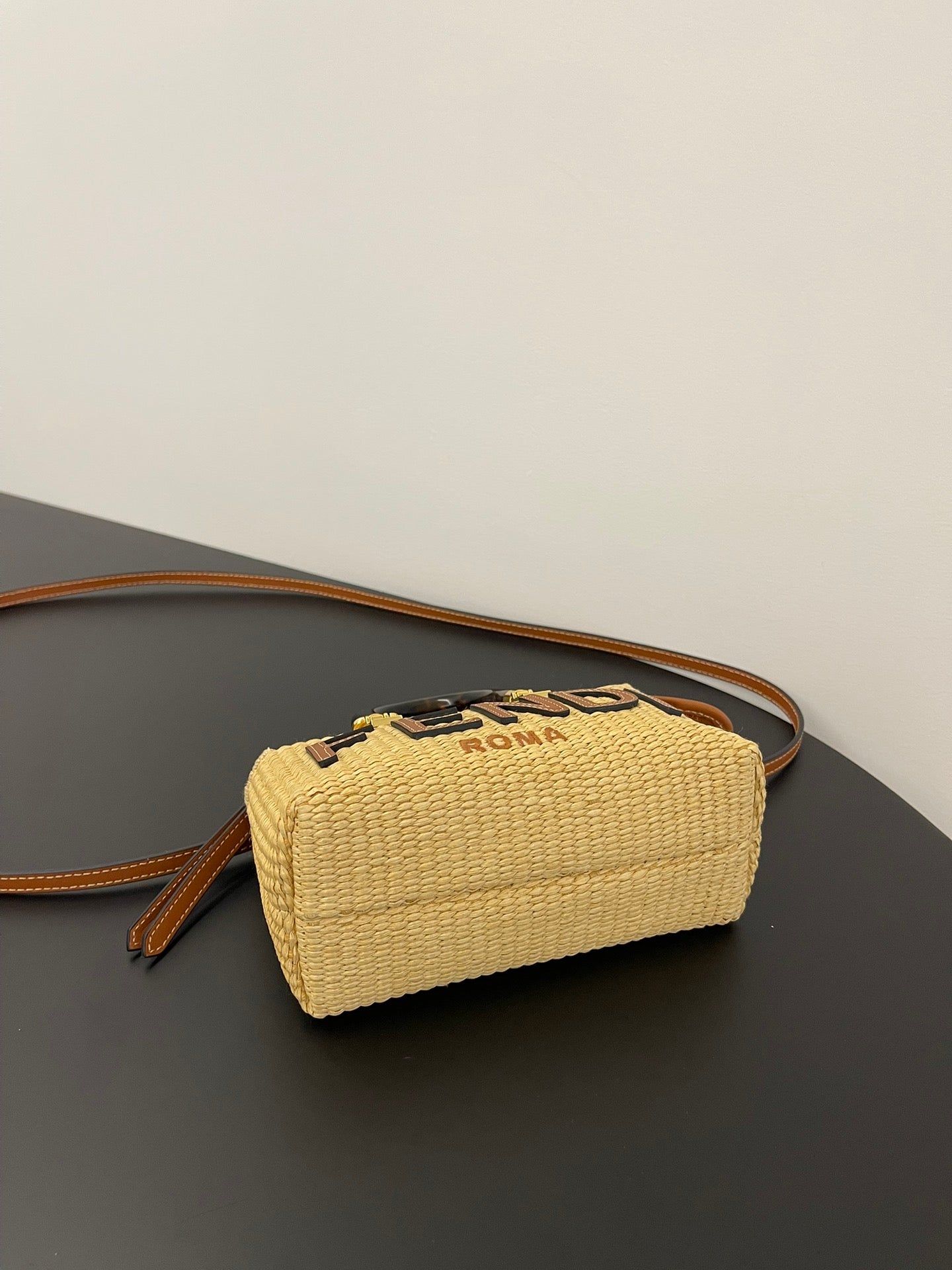 FENDI BY THE WAY MINI 18 IN BEIGE STRAW AND BROWN CALFSKIN TRIM