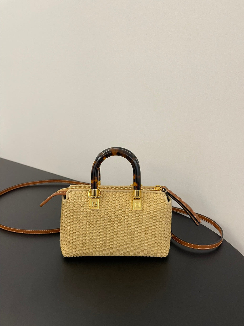 FENDI BY THE WAY MINI 18 IN BEIGE STRAW AND BROWN CALFSKIN TRIM