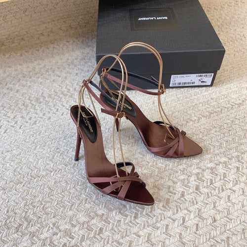 Saint Laurent CROSS STRAP HIGH HEEL IN CHESTNUT SILK GOLD CHAIN