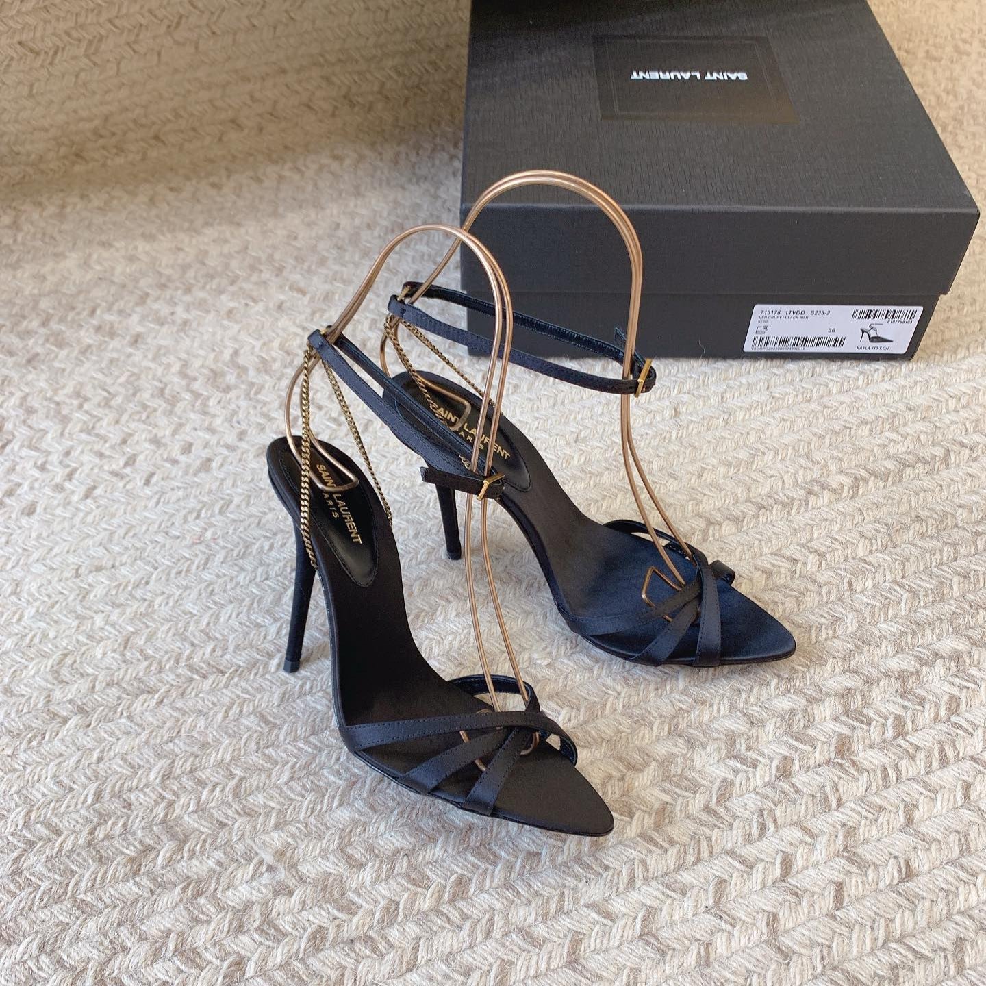 Saint Laurent CROSS STRAP HIGH HEEL IN BLACK SILK GOLD CHAIN