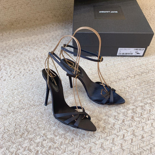 Saint Laurent CROSS STRAP HIGH HEEL IN BLACK SILK GOLD CHAIN