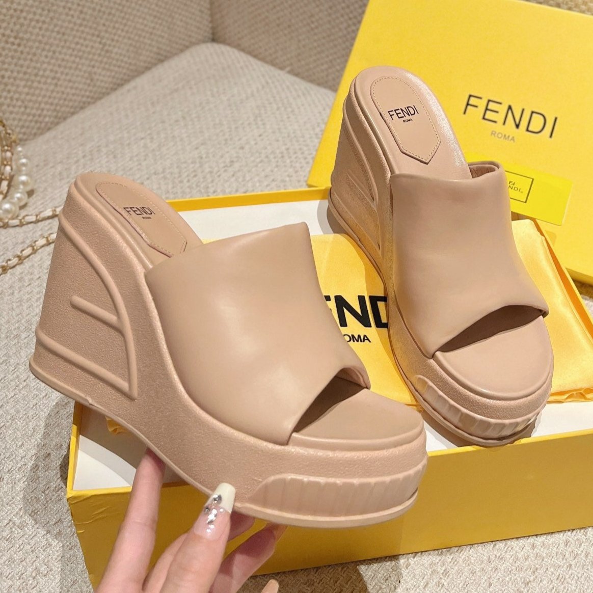 FENDI FENDI BAGUETTE WEDGE PLATFORM  85MM IN ALMOND BEIGE CALFSKIN