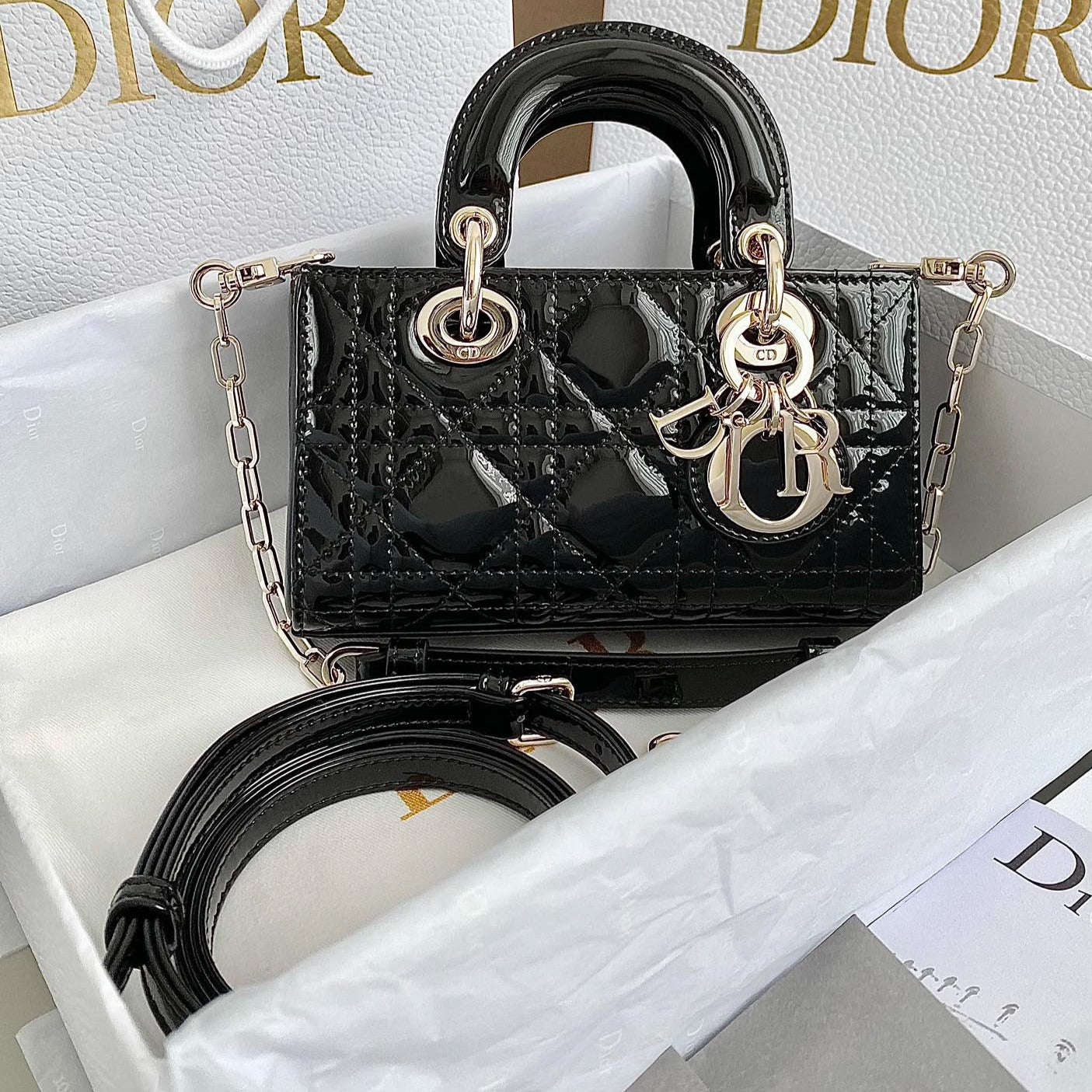 DIOR MINI D-JOY BAG 17 IN BLACK LAMBSKIN