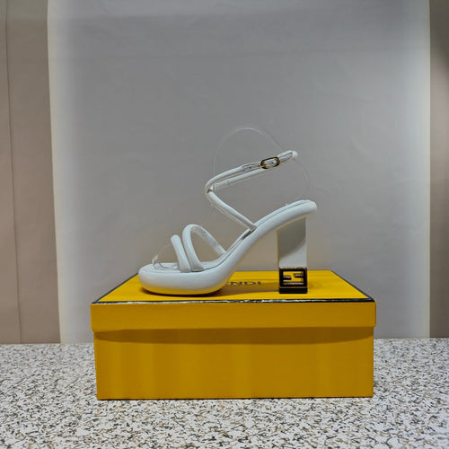 FENDI FENDI CHUNKY HIGH-HEELED SANDAL IN WHITE CALFKIN WITH GOLD HARDWARE