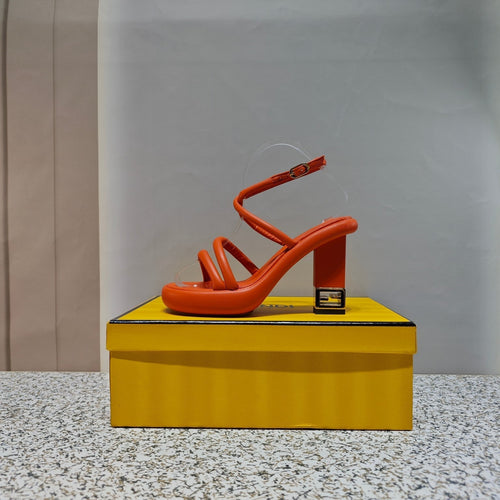 FENDI FENDI CHUNKY HIGH-HEELED SANDAL IN ORANGE RED CALFKIN WITH GOLD HARDWARE