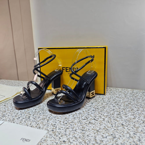 FENDI FENDI CHUNKY HIGH-HEELED SANDAL IN BLACK CALFKIN WITH GOLD HARDWARE