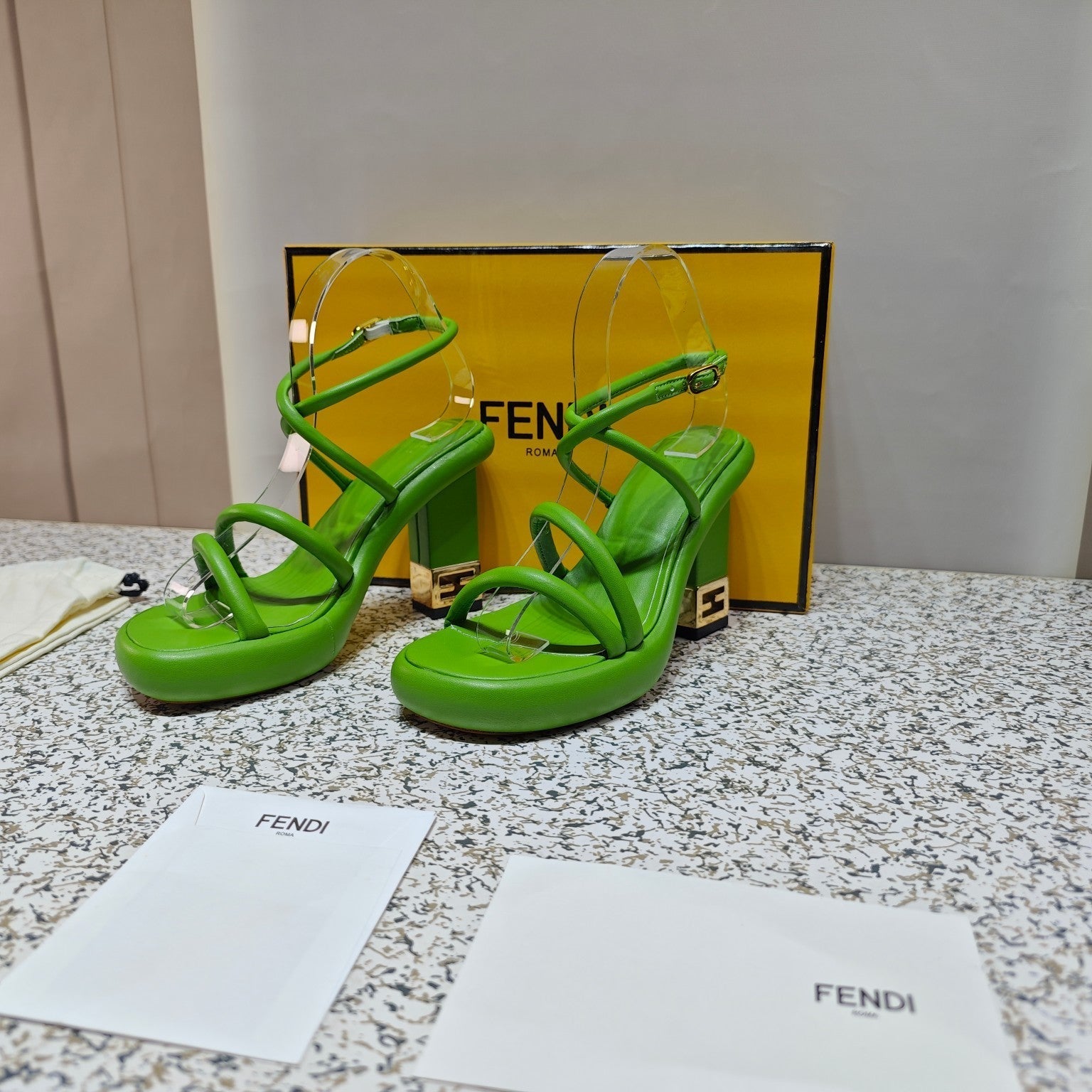 FENDI FENDI CHUNKY HIGH-HEELED SANDAL IN SHAMROCK GREEN CALFKIN WITH GOLD HARDWARE