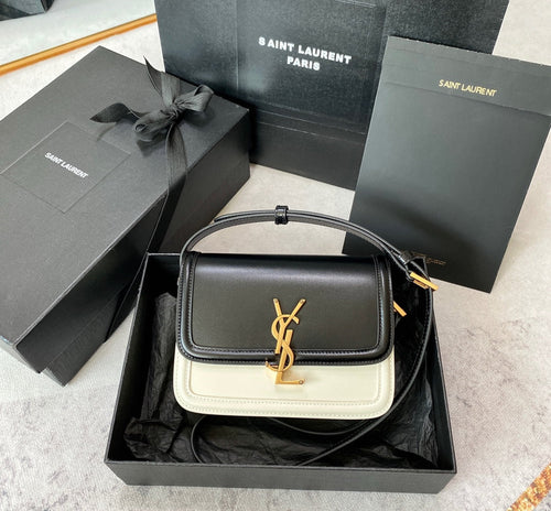 Saint Laurent SOLFERINO SMALL SATCHEL 19 IN BLACK MIX WHITE CALFSKIN GOLD LOGO
