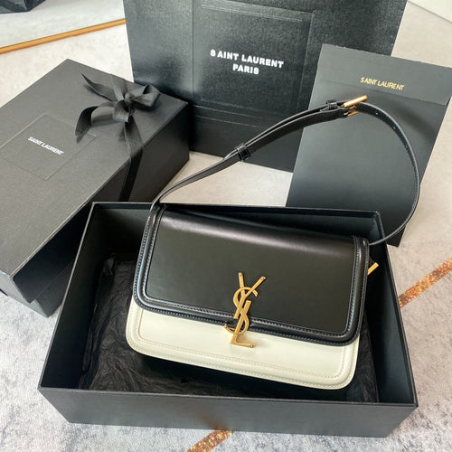 Saint Laurent SOLFERINO MEDIUM SATCHEL 23 IN BLACK MIX WHITE CALFSKIN GOLD LOGO