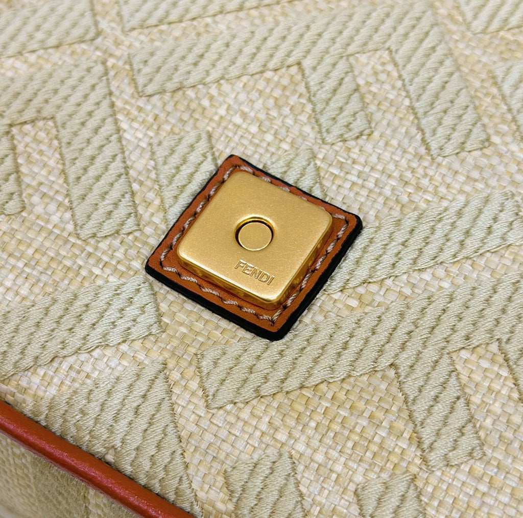 FENDI Fend Baguette Tan Beige Canvas Bag 27 with FF Embroidery Ghw
