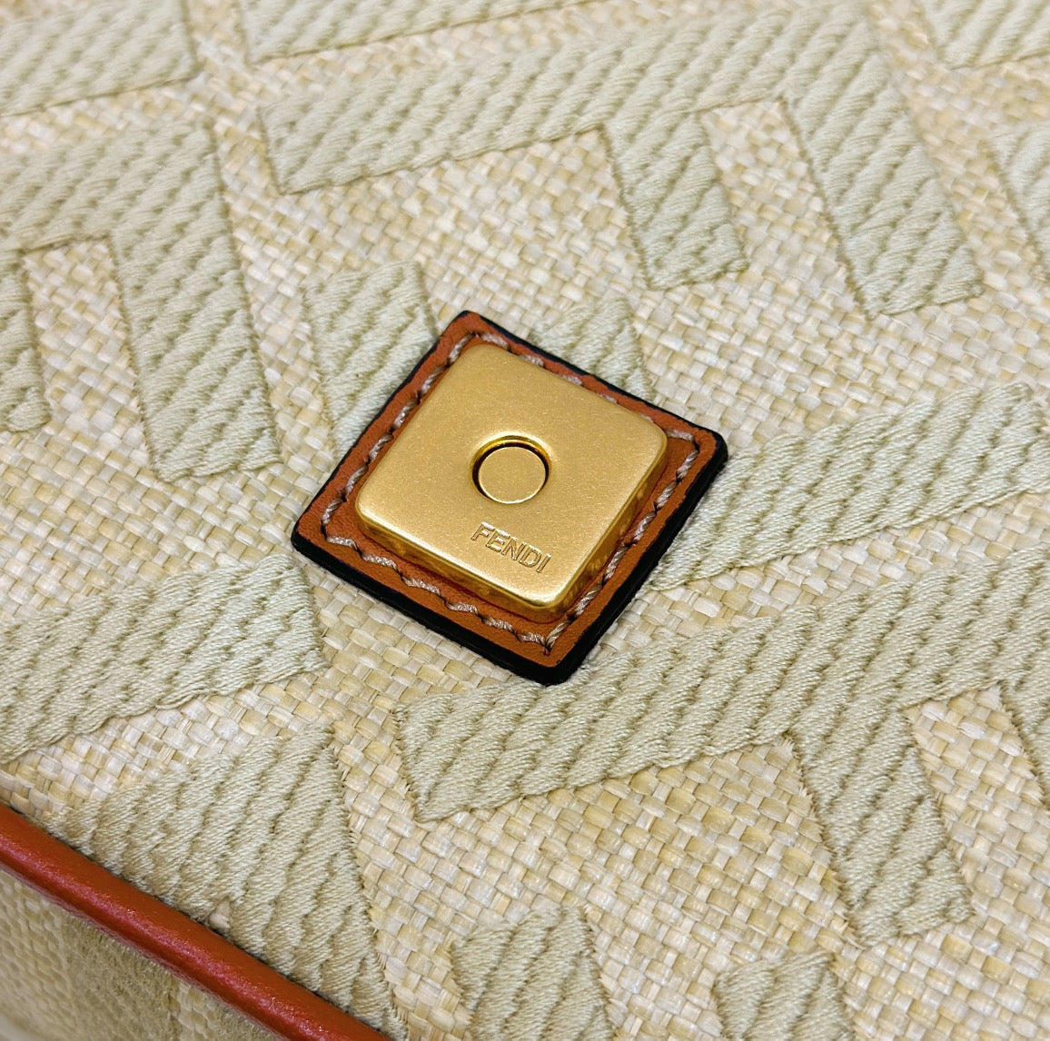 FENDI Fend Baguette Tan Beige Canvas Bag 27 with FF Embroidery Ghw