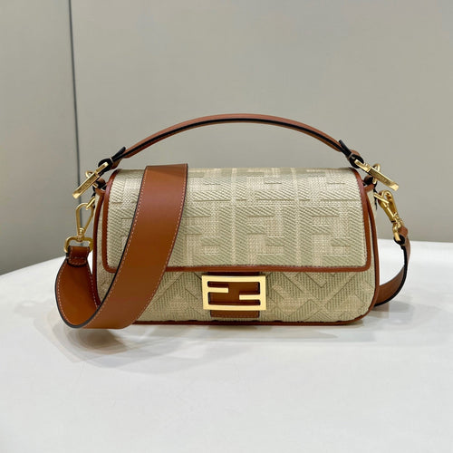 FENDI Fend Baguette Tan Beige Canvas Bag 27 with FF Embroidery Ghw