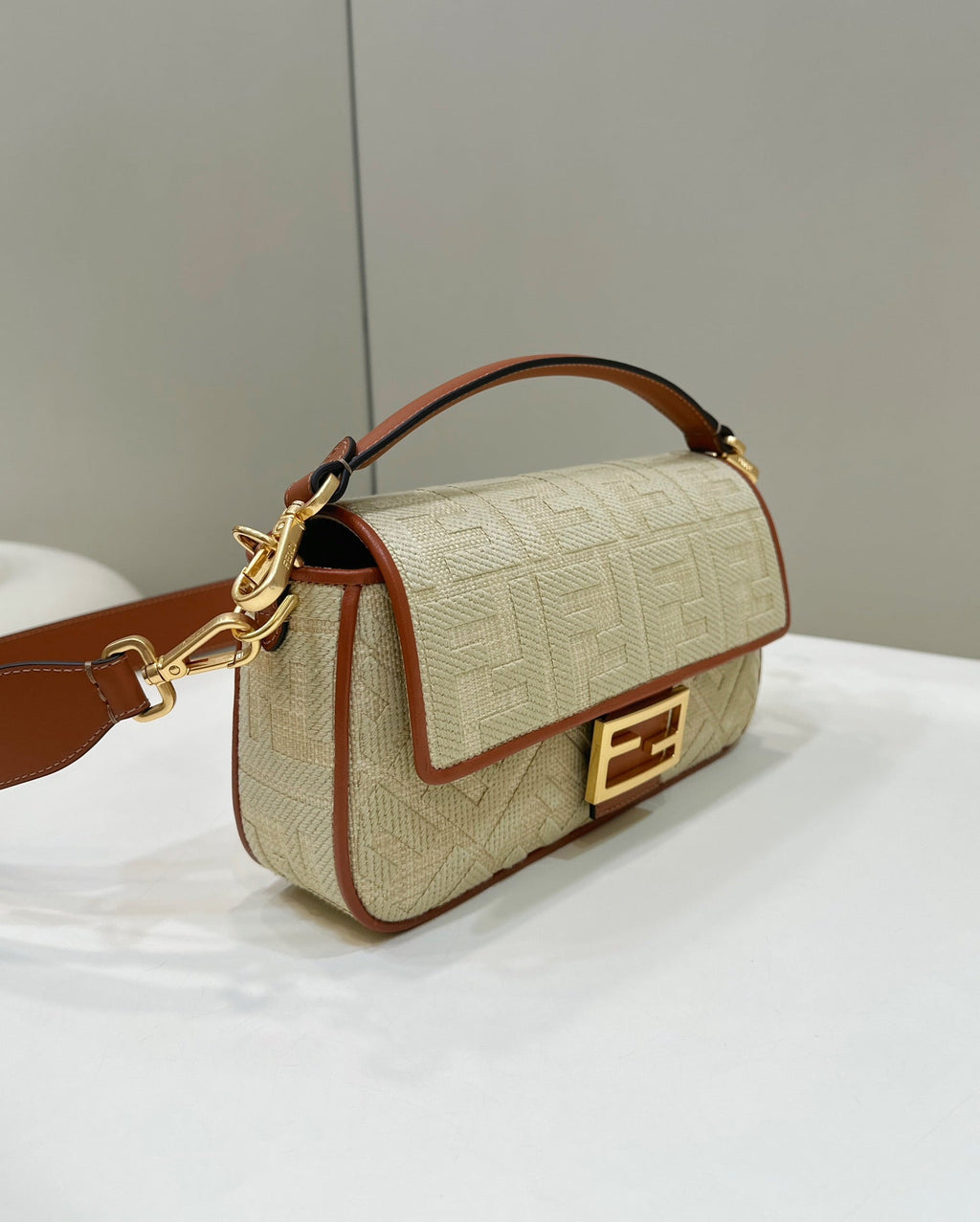 FENDI Fend Baguette Tan Beige Canvas Bag 27 with FF Embroidery Ghw