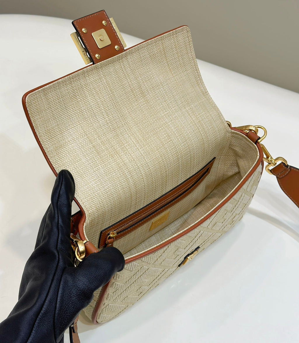 FENDI Fend Baguette Tan Beige Canvas Bag 27 with FF Embroidery Ghw