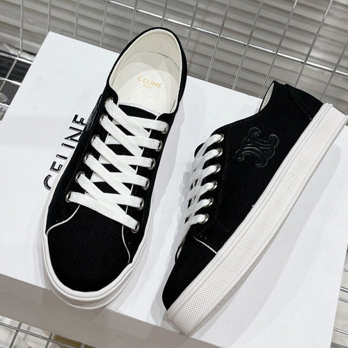 Celine JANE SNEAKERS LOW LACE-UP WITH TRIOMPHE PATCH IN CANVAS AND CALFSKIN BLACK LOGO