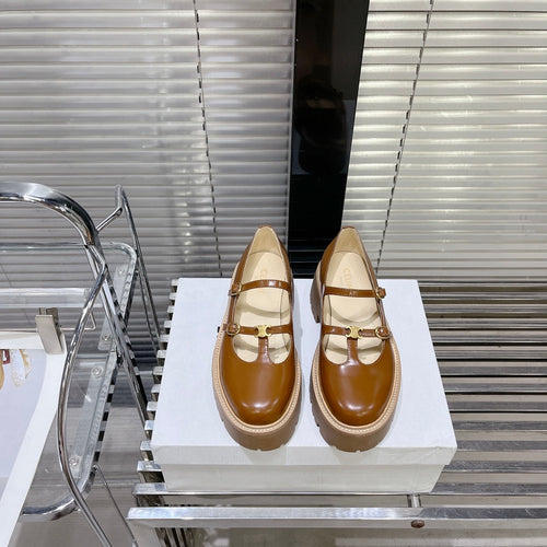 Celine HIGH FLAT SANDALS WITH DOUBLE STRAP-DESIGN LEATHER CARAMEL BROWN