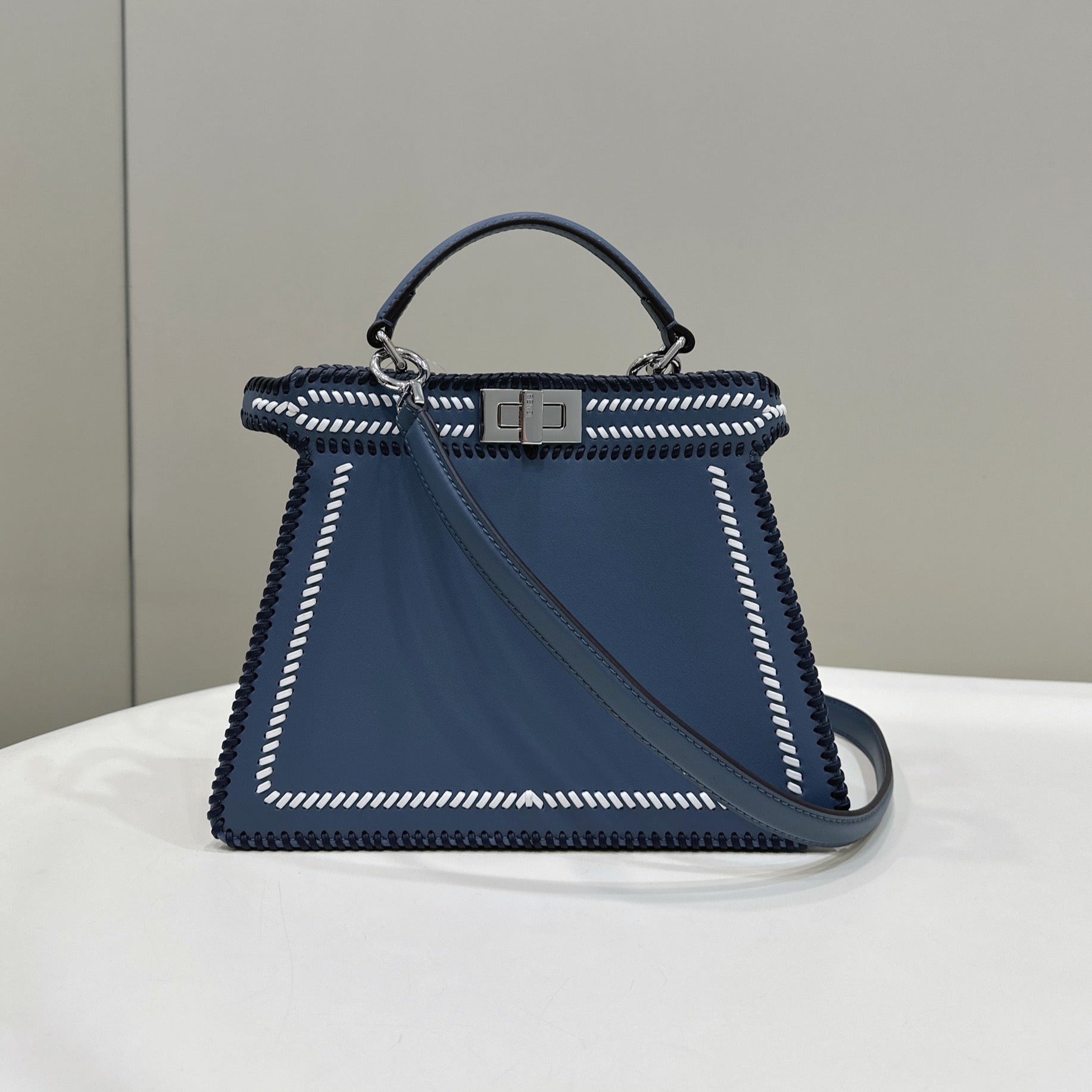 FENDI PEEKABOO ISEEU 27 IN BLUE BAYOUX INTERLACED CALFSKIN SILVER HARDWARE