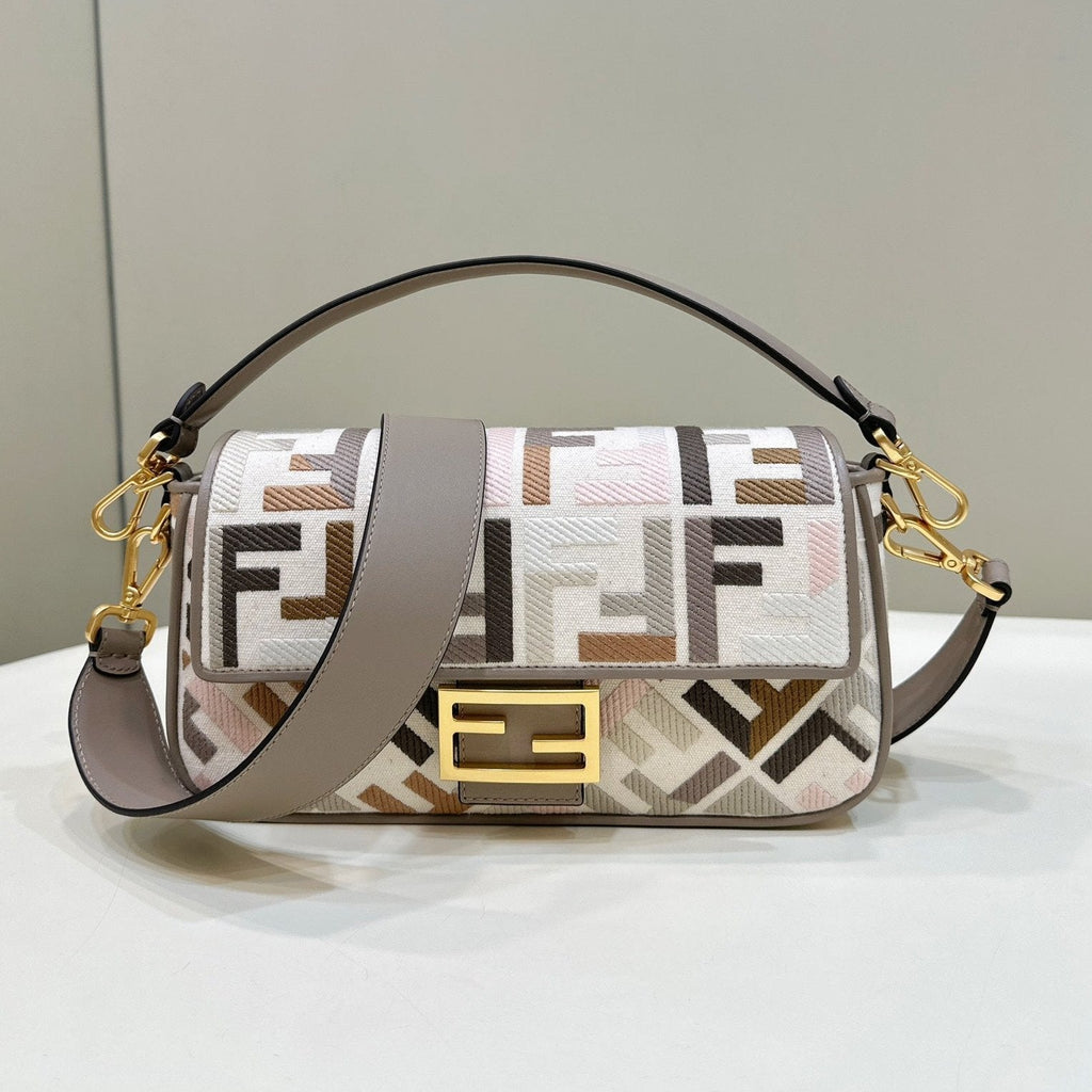 FENDI BAGUETTE CANVAS 27 BAG GREY STRAP WITH MULTICOLOUR EMBROIDERY GOLD HARDWARE