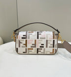 FENDI BAGUETTE CANVAS 27 BAG GREY STRAP WITH MULTICOLOUR EMBROIDERY GOLD HARDWARE