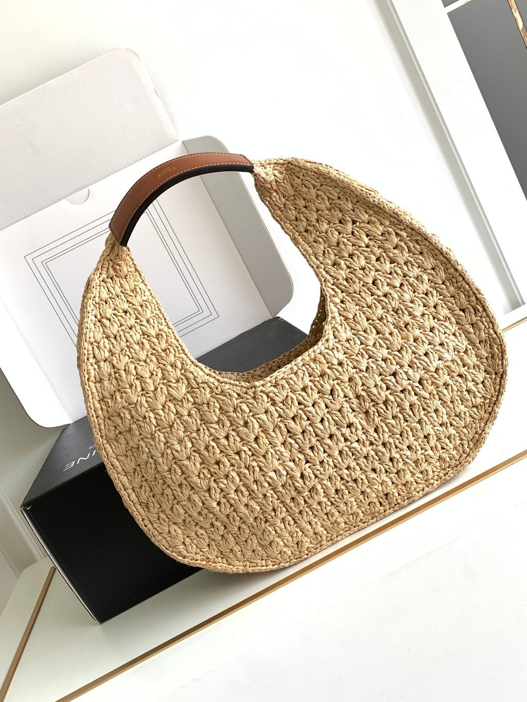 Celine celin classic panier 33cm hobo bag raffia and brown calfskin