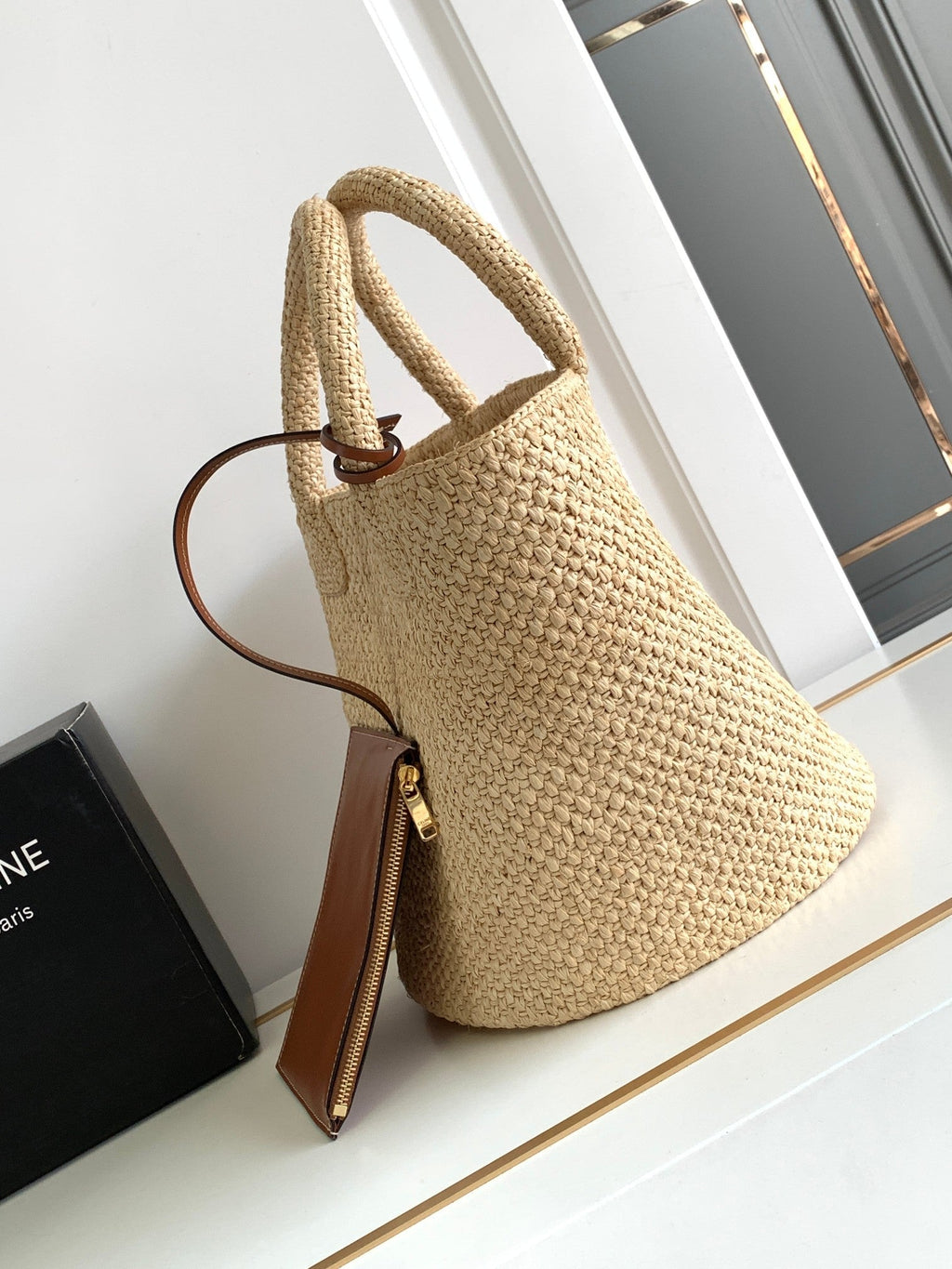 Celine teen triomphe straw bucket bag 23cm raffia brown calfskin