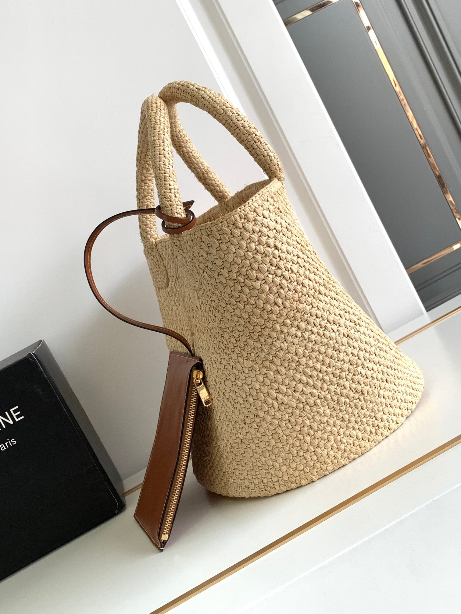 Celine teen triomphe straw bucket bag 23cm raffia brown calfskin