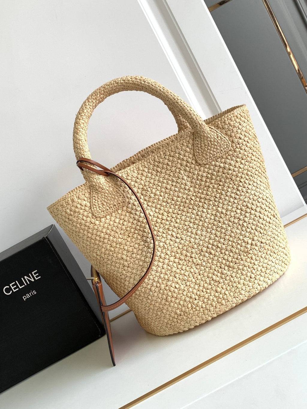 Celine teen triomphe straw bucket bag 23cm raffia brown calfskin