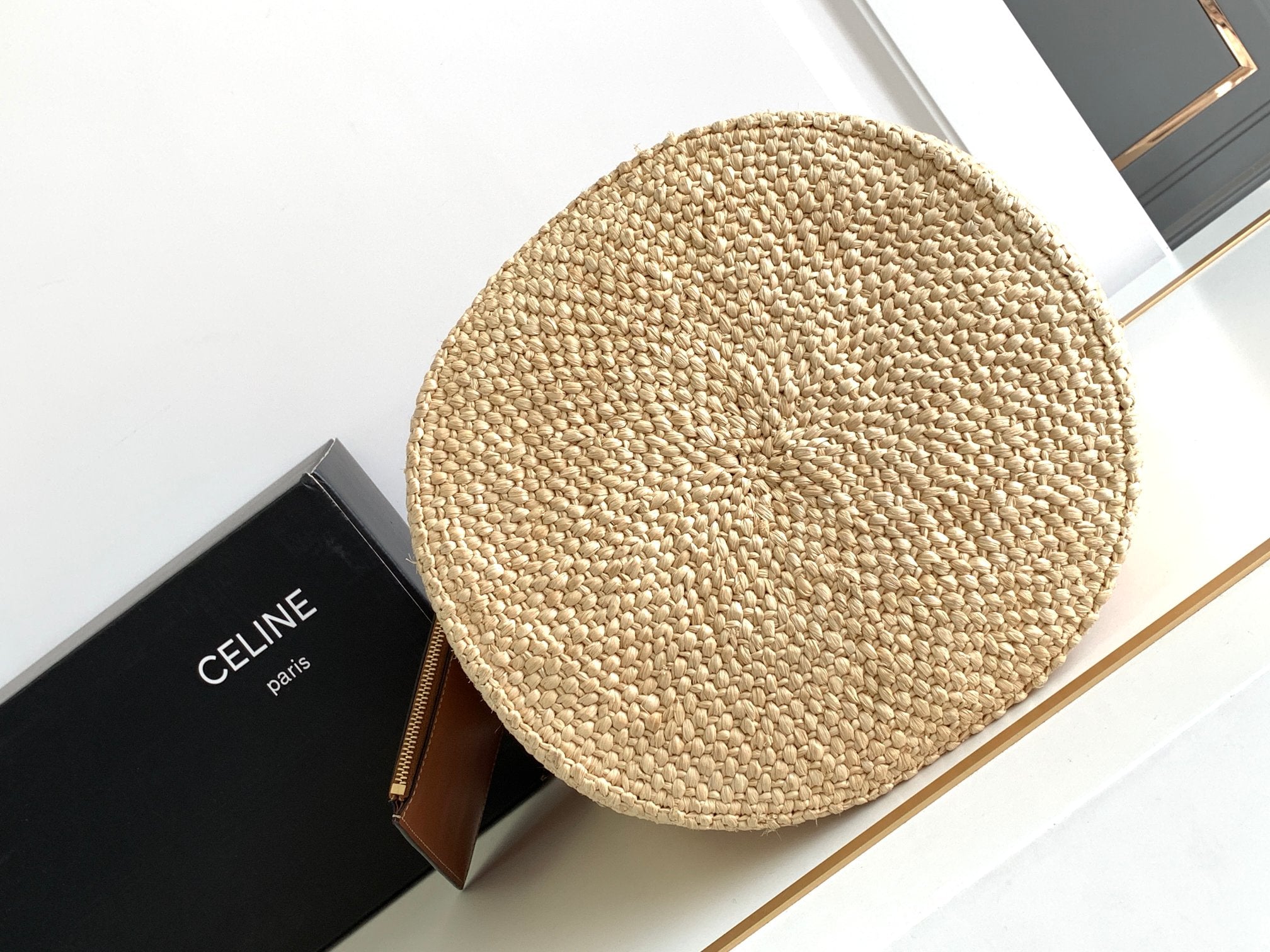 Celine teen triomphe straw bucket bag 23cm raffia brown calfskin