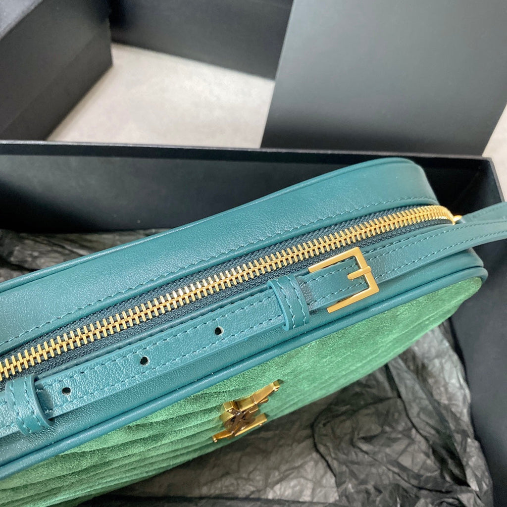Saint Laurent LOU CAMERA BAG 23 IN GREENISH SUEDE AND CALFSKIN TRIM