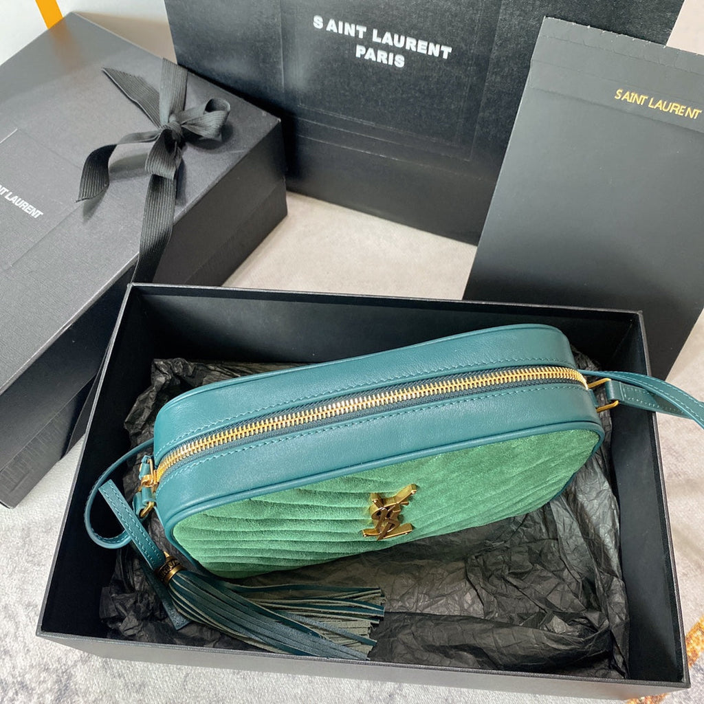Saint Laurent LOU CAMERA BAG 23 IN GREENISH SUEDE AND CALFSKIN TRIM