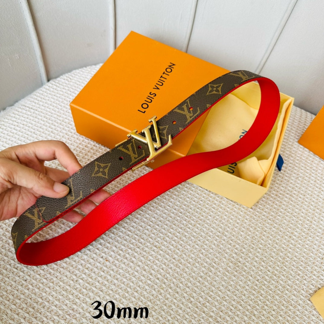 Louis Vuitton Initiales 30mm Reversible Belt Gold Rotating Buckle Red Brown Leather