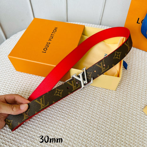Louis Vuitton Initiales 30mm Reversible Belt Silver Rotating Buckle Red Brown Leather