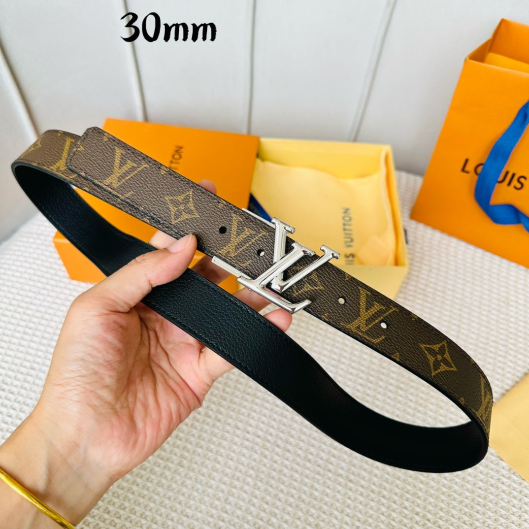Louis Vuitton Initiales 30mm Reversible Belt Silver Rotating Buckle Black Brown Leather