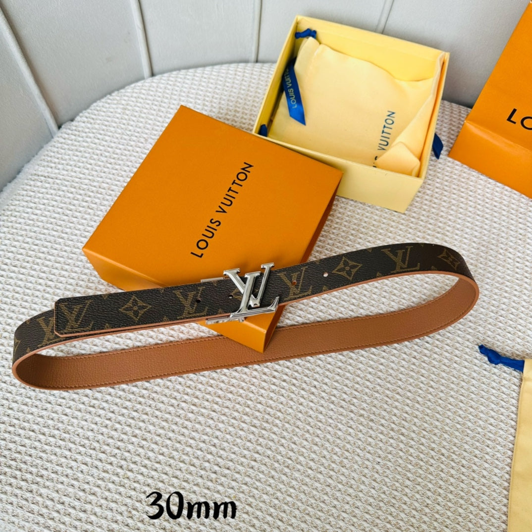 Louis Vuitton Initiales 30mm Reversible Belt Silver Rotating Buckle Tan Brown Leather