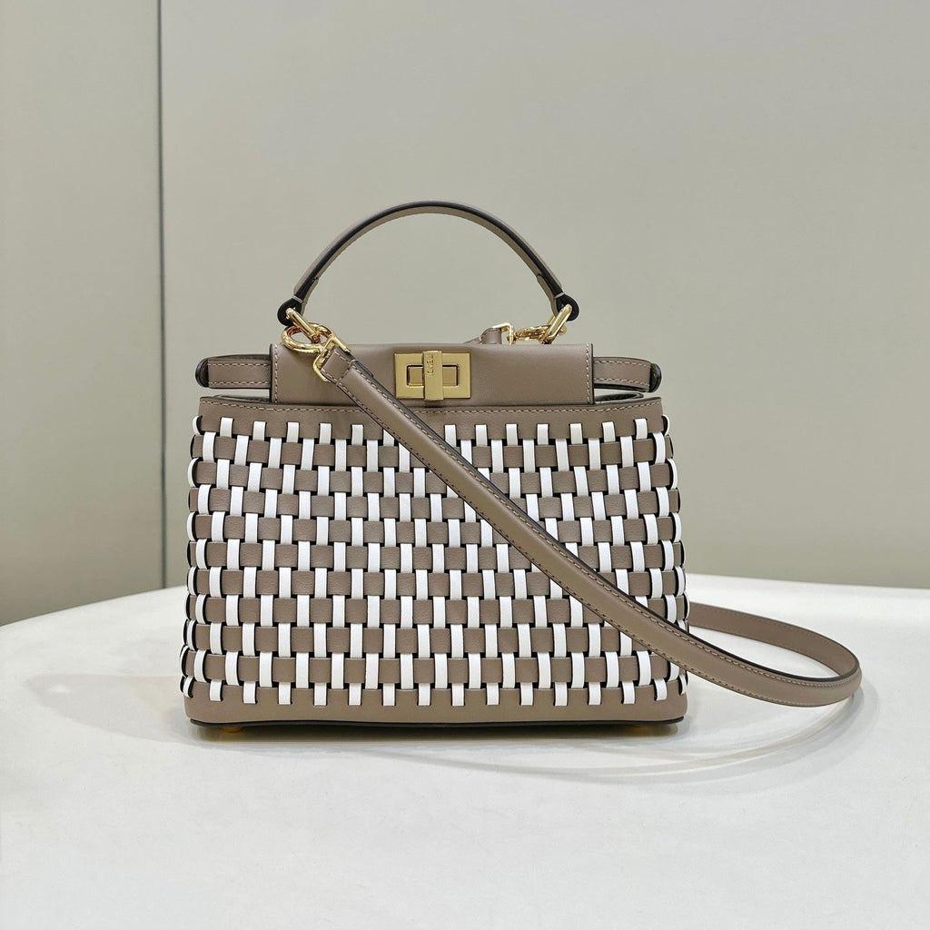 FENDI PEEKABOO 24 IN WHITE MIX BROWN INTERLACED CALFSKIN GOLD HARDWARE