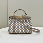 FENDI PEEKABOO 24 IN WHITE MIX BROWN INTERLACED CALFSKIN GOLD HARDWARE