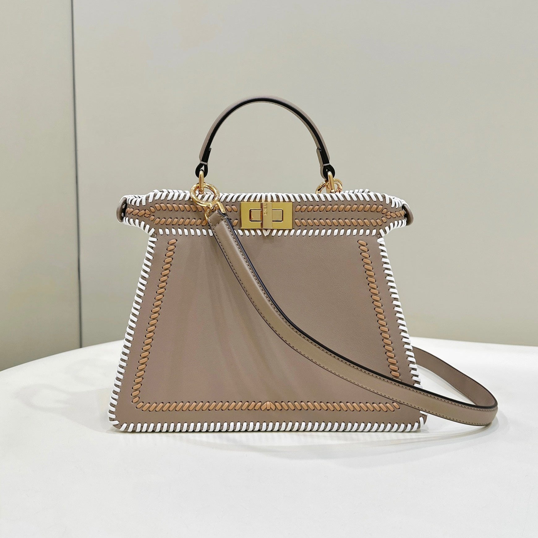 FENDI PEEKABOO ISEEU 27 IN MEDIUM BROWN INTERLACED CALFSKIN GOLD HARDWARE