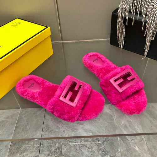 FENDI FENDI BAGUETTE SLIDE SLIPPERS IN DEEP PINK WOOL