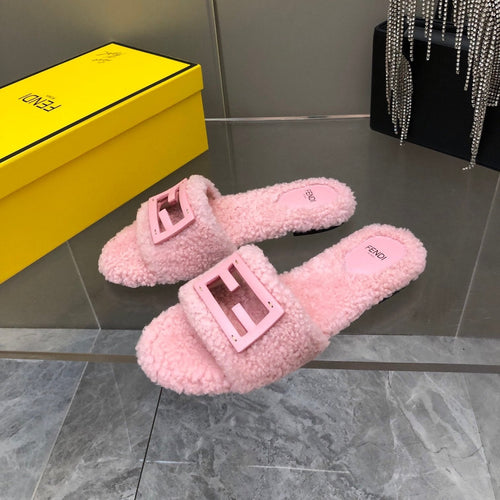 FENDI FENDI BAGUETTE SLIDE SLIPPERS IN LIGHT PINK WOOL