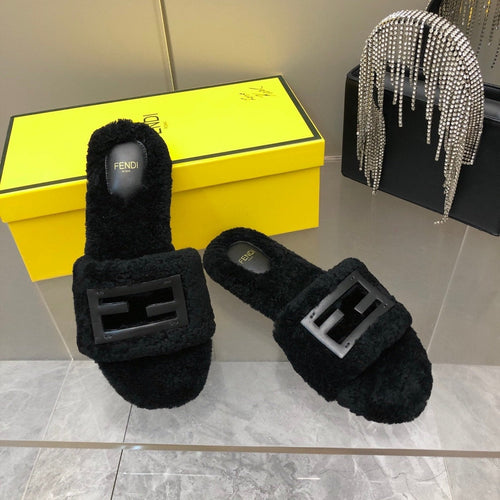 FENDI FENDI BAGUETTE SLIDE SLIPPERS IN BLACK WOOL