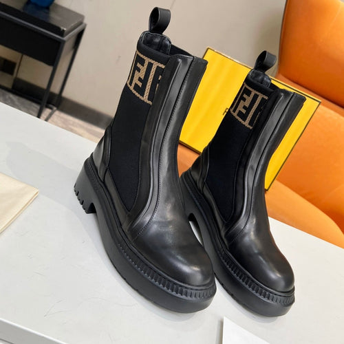 FENDI FENDI ROCKOKO BIKER BOOTS IN BLACK CALFSKIN WITH STRETCH FABRIC