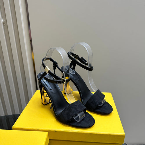 FENDI FENDI DELFINA HIGH-HEELED 10 CM SANDAL IN BLACK FF CANVAS