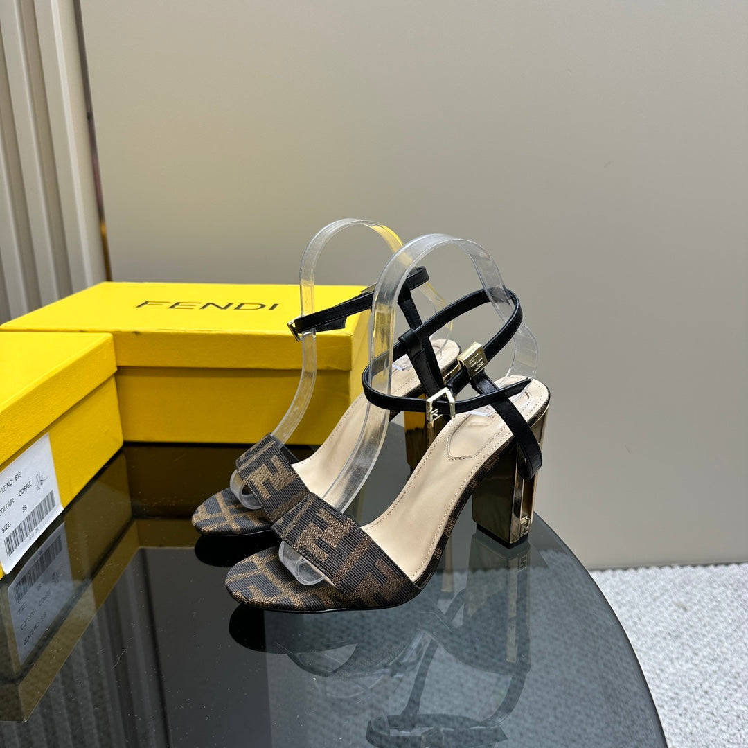 FENDI FENDI DELFINA HIGH-HEELED 10 CM SANDAL IN BROWN MONOGRAM FF CANVAS