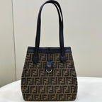 FENDI FENDI ORIGAMI MEDIUM 27 BROWN MIX BLACK FF JACQUARD FABRIC BAG