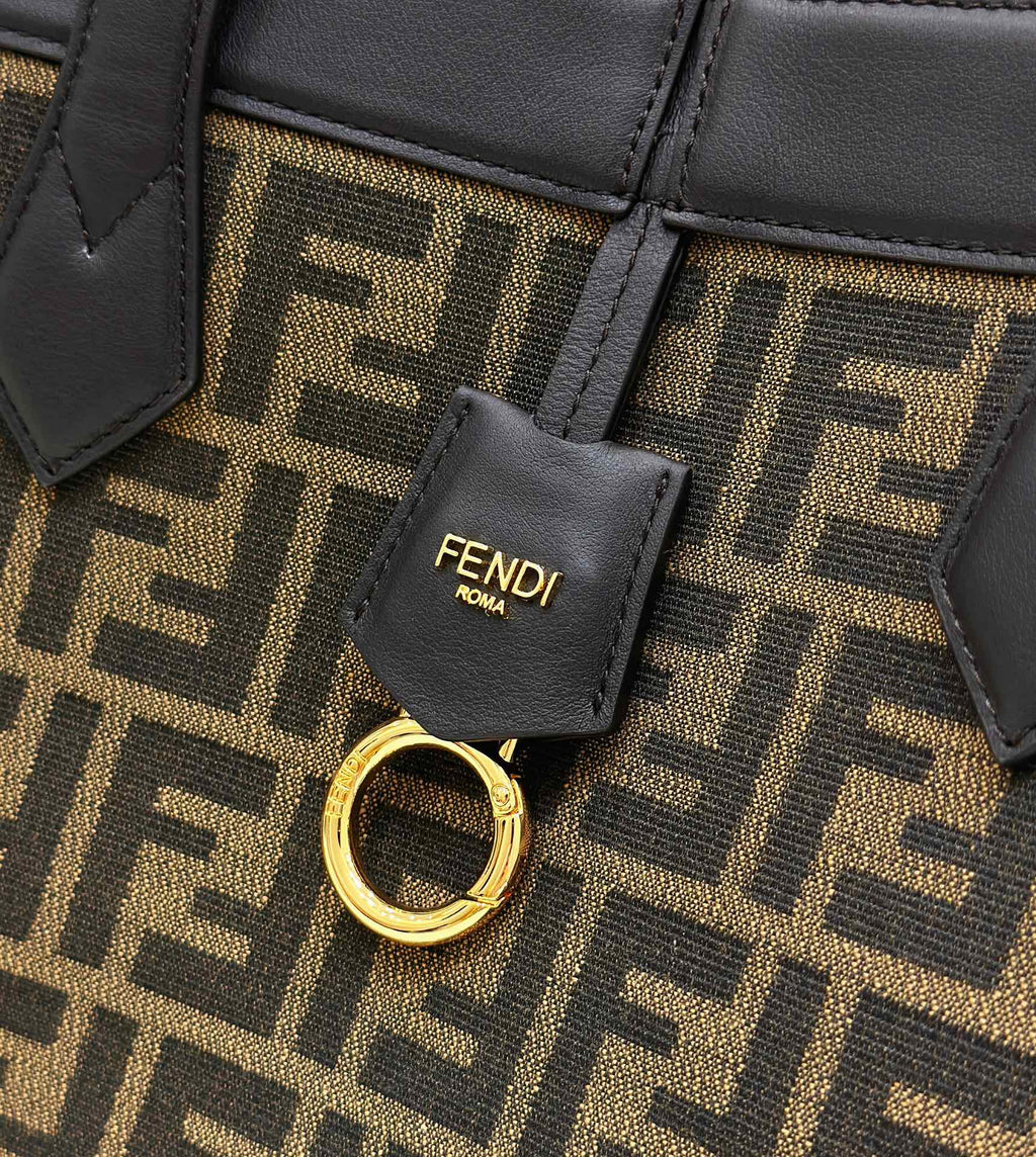 FENDI FENDI ORIGAMI MEDIUM 27 BROWN MIX BLACK FF JACQUARD FABRIC BAG
