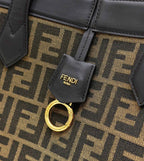 FENDI FENDI ORIGAMI MEDIUM 27 BROWN MIX BLACK FF JACQUARD FABRIC BAG